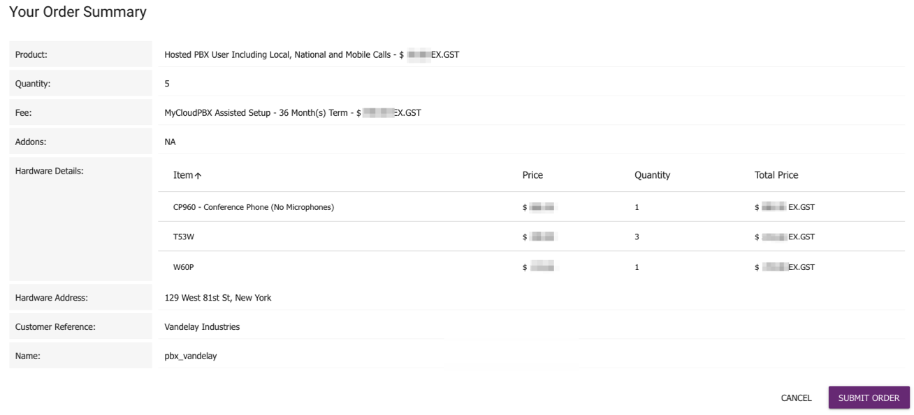 Order myCloudPBX Summary Screen